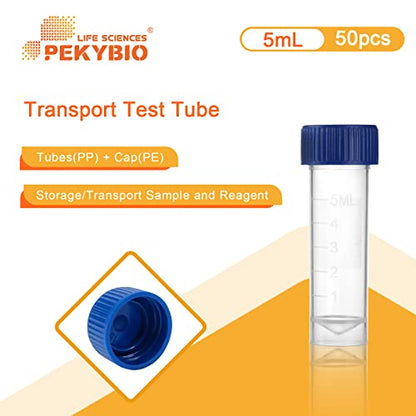 PEKYBIO Sterile Plastic Graduated Test Tubes 5ml Sample Storage Container with Screw Cap Self-Standing Lab Transport Tube, Case of 50 - size: 5ml 50Pcs