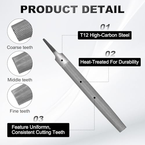 HARFINGTON 2pcs 14" Half Round Medium Cut File Double Cut Teeth Medium Metal File High Carbon Steel T12 without Handle for Metal Wood Tool Sharpener, Gray - size: 14"