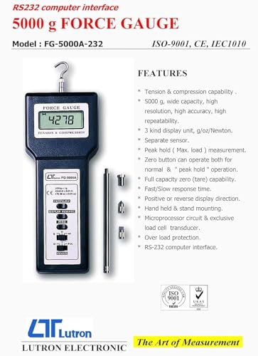 Electronic Digital Force Gauge (Range: 5000 g | 176.40 oz | 49.03 Newton) | Push Pull Force Gauge for Tension & Compression Capability | Model: FG-5000A