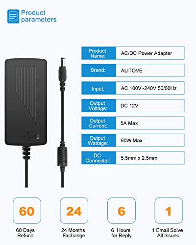ALITOVE 12V 5A Power Supply AC/DC Adapter 100-240v 50/60hz to 12VDC 60W - size: 2 Pack