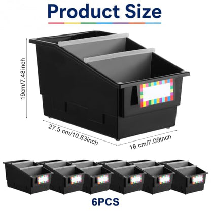 6 Pack Picture Book Bins with Dividers for Classroom, Black - color: Black