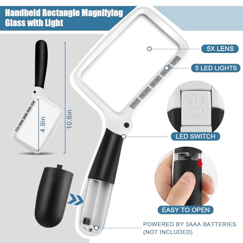 Folding Handheld Magnifying Glass with Light, 3X Large Rectangle Reading Magnifier, Dimmable for Seniors with Macular Degeneration, Newspaper, Books, Small Print, Lighted for Low Visions White Black - color: White
