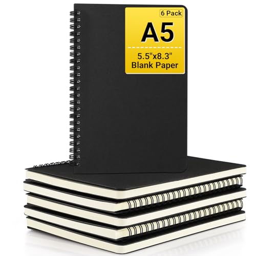 EUSOAR Hardcover Spiral Notebook Unlined, A5 6 packs 5.5”x8.3“ Blank Travel Writing Notebooks Journal, Notepad Sketchbook, College Office Business Subject Diary Spiral Journal-Black Cover - size: A5, style: Unlined