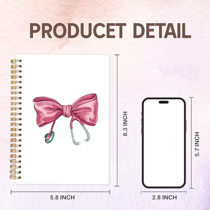 Nursing Gifts Notebook Journal, Nurse Gifts Notebooks for Note Taking, Preppy Coquette Pink Bow Stethoscope Journal, Aesthetic Hardcover Spiral Notebook 5.5x8.3in - color: nurse bow