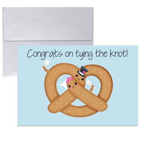 Amanda Creation Funny Wedding Card for Bride and Groom, 4x6 Blank Inside with Silver Envelope, Pretzel Newlywed Congratulations Greeting - style: Pretzel
