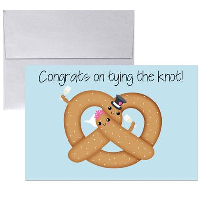 Amanda Creation Funny Wedding Card for Bride and Groom, 4x6 Blank Inside with Silver Envelope, Pretzel Newlywed Congratulations Greeting - style: Pretzel