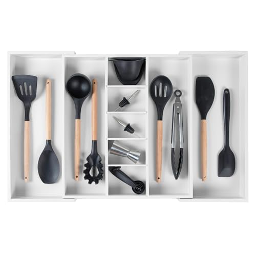 KitchenEdge Utensil & Junk Drawer Organizer, 16-28 in, White Bamboo - color: White Bamboo, size: From 16" to 28" Wide