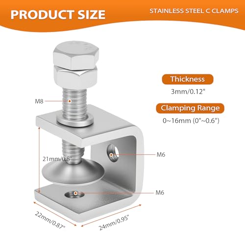 304 Stainless Steel C Clamps Mini 0.8 Inch for Mounting, Heavy Duty Metal U Clamps for Metal Working, Small Desk Clamp with Stable Wide Jaw Opening & Protective Pads/I-Beam Design(6Pcs) - size: 0.8 Inch-6pcs（21mm）
