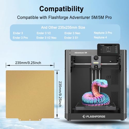 Gold PEI Build Plate for Adventurer AD5X/5M/5M Pro, Textured PEI Spring Steel Flexible Platform Heated Bed for Neptune 3 Pro/4, Kobra, Ender 3/3 Pro/3S1/3v2, CR 20/CR 20 Pro, Ender 5/5 Pro - size: 235x235mm