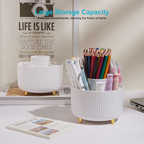 Desk Pencil Pen Holder - 5 Slot 360 Degree Rotating Desk Pen Organizer for Desktop Storage Stationery Supplies Cup Pot - White - color: White