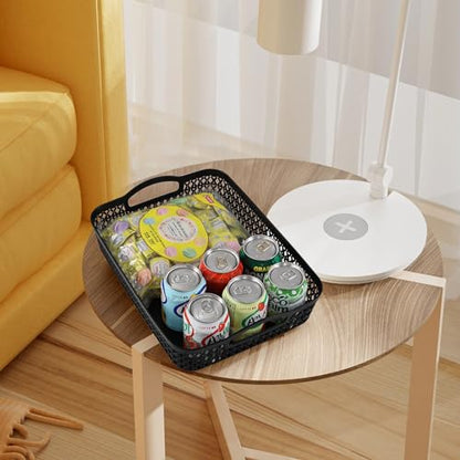 Set of 6 Large Plastic Storage Basket Tray, Black Shallow Paper Basket with Handle - size: Large