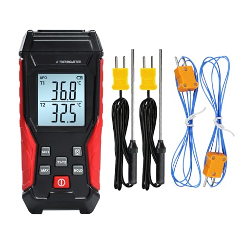 Digital Thermocouple Thermometer Dual Channel K Type Thermometer(-328~2501℉) with 4 K-Type Thermocouple Probes LCD Display Temperature Tester for K Type - color: Black