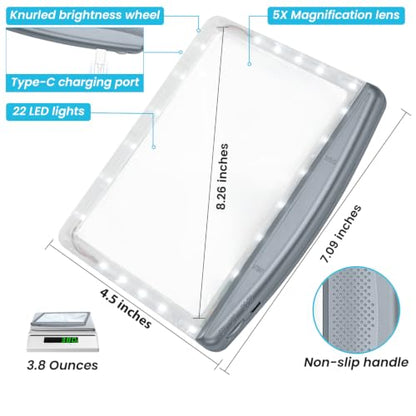 Rechargeable 5X Magnifying Glass for Reading, Large Bright Full Page Magnifier with Light, Handheld LED Dimmable Lighted, Lightweight Book Magnifier for Reading Small Prints Seniors - Gray - color: Gray