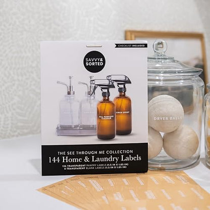 Laundry Labels for Jars, 144 Preprinted Home and Laundry Label Stickers for Storage Bins, Cleaning Jars, Spray Bottles, Linen Closet, Household Organization - style: Clear Home & Laundry Labels