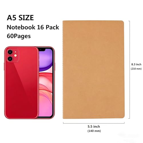 Wotion Kraft Lined Notebook 16 Pack, A5 Journal, 8.3" x 5.5", 60 Pages Thick No Bleed Paper, Soft Cover Bulk Notebooks for Students Office Travel - style: 16pack Lined page