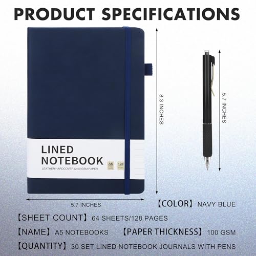 Aodaer 30 Set Lined Notebook Journals with Pens A5 Notebooks 100 GSM College Ruled Hardcover Notebook PU Leather Notepad with Pen Holder for Office School, 5.7 x 8.3 Inches, Navy Blue - color: Navy Blue