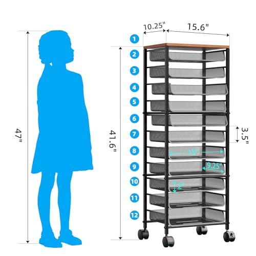 Simple Trending 12-Tier Rolling File Cart, Desk File Organizer with 11 Mesh Sliding Trays, Letter & Legal Paper Storage Rolling Utility Cart for Office Home School, Black - style: 12 Tier-Wood