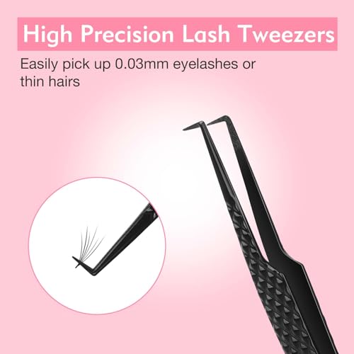 VEYES INC Lash Tweezers for Eyelash Extensions,Fiber Tip Tweezers for Individual Classic and Volume Lash,Stainless Steel Lash Tweezers-Slim 90 Degree - style: Noir N1