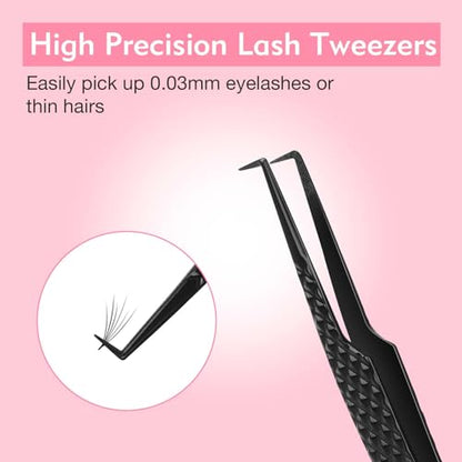 VEYES INC Lash Tweezers for Eyelash Extensions,Fiber Tip Tweezers for Individual Classic and Volume Lash,Stainless Steel Lash Tweezers-Slim 90 Degree - style: Noir N1