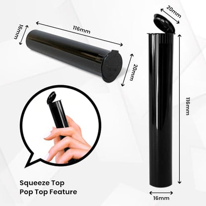 100 Pack 116mm Tubes Black King Size - Plastic Pop Top Tubes with Squeeze Cap - Airtight, Waterpoof and Child Proof Container (100 Count) (Black 116mm 100Pack) - color: Black 116mm 100pack