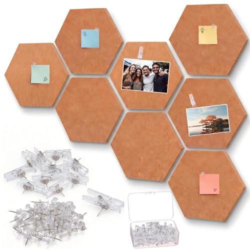 Mooliwe 8 Pcs 12 Inch Hexagon Cork Board Tiles Pins Clips, Yellow - color: Yellow