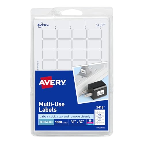Avery® Removable Print or Write Labels, White, 0.5 x 0.75 Inches, Pack of 1008 (5418)