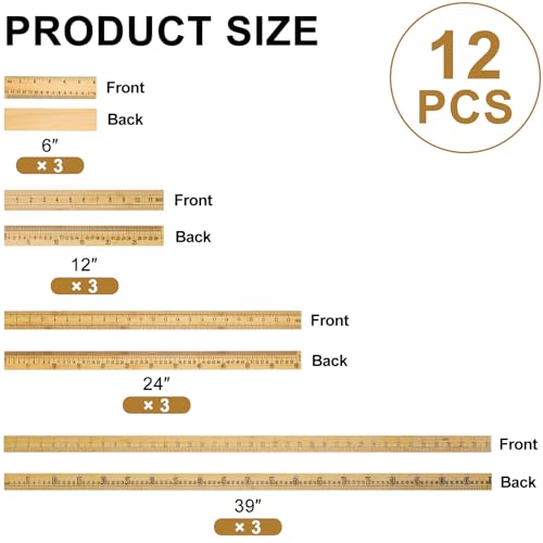 Fulmoon 12 Pcs 39" Yard Stick Wood Double Sided - size: 39", 12", 24", 6"