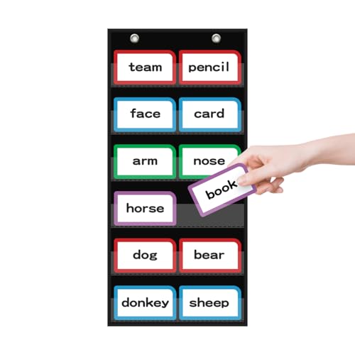 ANCOMEDO 10”W x 25”H Classroom Words Pocket Chart with 6 Clear Pockets, Black Standard Pocket Chart for Classroom and Home for Sentence Strips, Reusable Words Hanging Pocket Chart (Black) - size: 10Wx25H