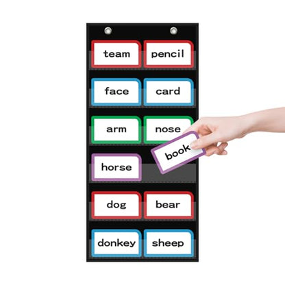 ANCOMEDO 10”W x 25”H Classroom Words Pocket Chart with 6 Clear Pockets, Black Standard Pocket Chart for Classroom and Home for Sentence Strips, Reusable Words Hanging Pocket Chart (Black) - size: 10Wx25H
