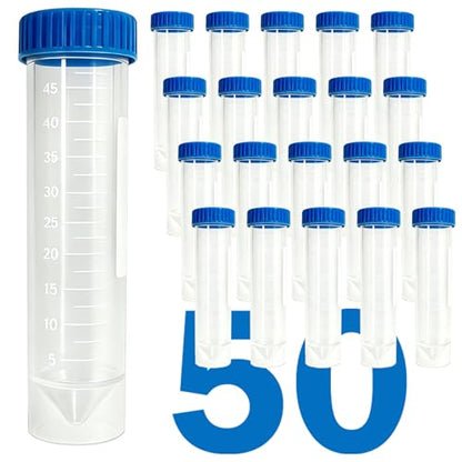 50ml Centrifuge Tubes with Screw Cap Lid, 50 Pack Self-Standing Plastic Test Tubes, Polypropylene Conical Tube with Cap, Graduated Marks