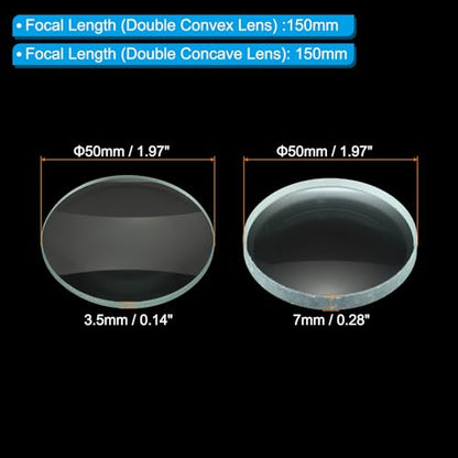 PATIKIL Convex Lens, 150-150mm Focal Length 50mm (1.97") Diameter Round Glass Magnifying Telescope Lens Trial Set Ground Edge for Lab Physics Class Optics, 4 Pcs - size: 150/-150mm FL, 50mm Dia.