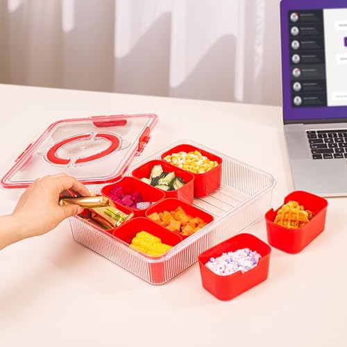 Patent Design Ribbed Snackle Box Container Divided Serving Tray with Lid and Handle -Charcuterie Container Portable Storage Organizer for Candy, Fruit, Beach, Picnics（1 pcs, Red） - color: Red