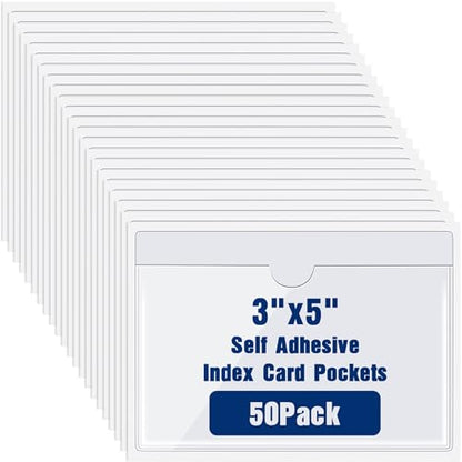 Chinco 50 Pack 3" x 5" Clear Adhesive Pockets, Index Card Pockets With Top Open Loading, Plastic Labels Holders for Organizing Storage Bins, Library Card, Drawer, and Protecting Your Cards - size: 3.7 x 5.3 inches