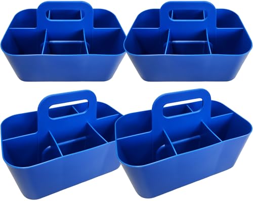 Small Stackable Plastic Caddy with Handle 6 Compartment | Desk, Makeup, Dorm Caddy, Classroom Art Organizers - 4 Pack, Made In USA (Blue) - color: Blue