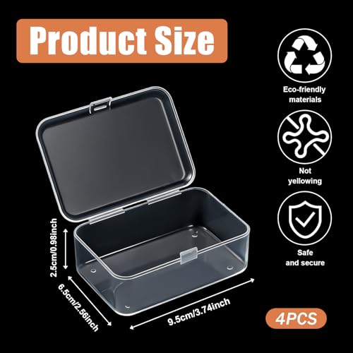 4 Pcs Small Clear Plastic Storage Boxes with Hinged Lids, 3.7x2.5x1 inches