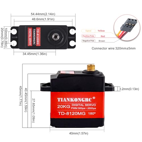 20kg Digital Servo Motor Waterproof High Torque Full Metal Gear RC Servo for 1/8 1/10 RC Car Model DIY, TD-8120 (20KG 180°)