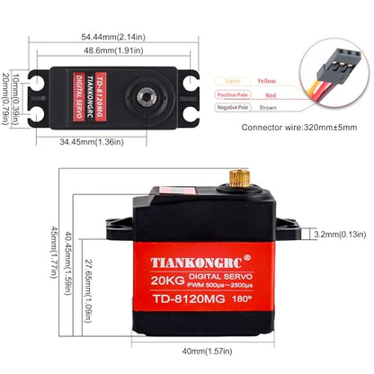 20kg Digital Servo Motor Waterproof High Torque Full Metal Gear RC Servo for 1/8 1/10 RC Car Model DIY, TD-8120 (20KG 180°)