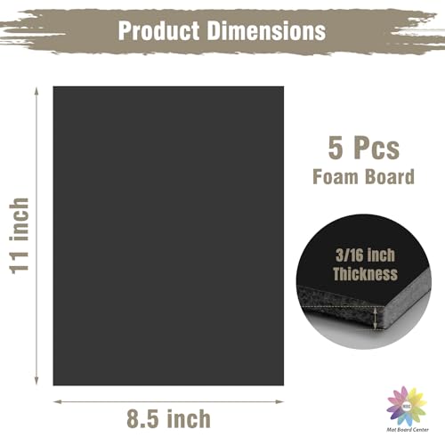 Mat Board Center 8.5x11 Black Foam Boards Pack of 5, 3/16" Thick - color: Black, size: 8.5x11
