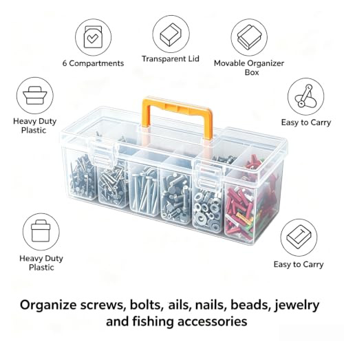 Small Parts Organizer Box with Transparent Lid 1‑Pack, 6-Compartments Movable Organizer Box with for Hardware, Screws, Bolts, Nails, Beads, Jewelry and Fishing Small Accessories, NOT for Large Tools