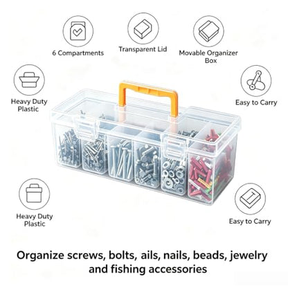 Small Parts Organizer Box with Transparent Lid 1‑Pack, 6-Compartments Movable Organizer Box with for Hardware, Screws, Bolts, Nails, Beads, Jewelry and Fishing Small Accessories, NOT for Large Tools