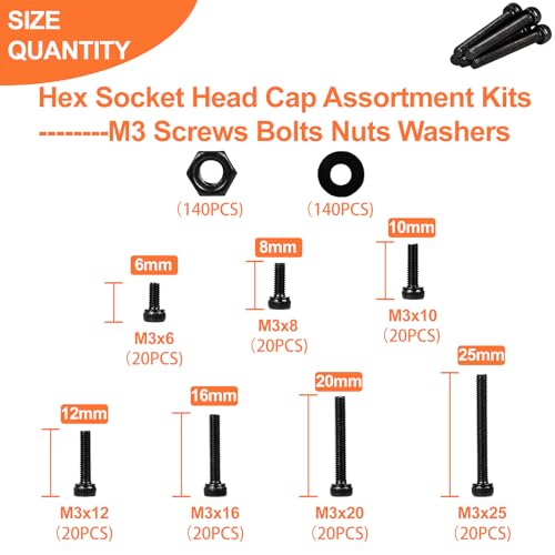 420pcs M3 Screw Kit, Premium M3 Bolts for 3D Printing, Hex Socket Head Cap Screw Assortment with Nuts and Washers, M3 x 6mm /8mm /10mm /12mm /16mm /20mm /25mm (Black) - size: M3