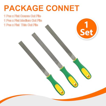 HARFINGTON 3pcs Flat Cut File 12" Double Cut Teeth High Carbon Steel Hand Rasp File with Plastic Handle for Metal Wood Deburring Removing - size: 12"