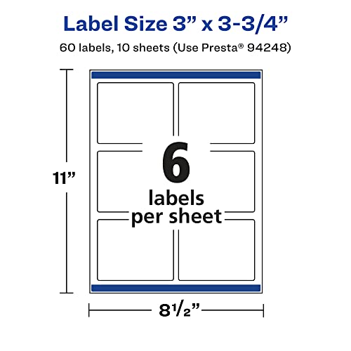 Avery Printable Durable White Rectangle Labels, Sure Feed Technology, 3" x 3.75", Print-to-the-Edge, Waterproof Labels, Laser & Pigment-Based Inkjet Compatible, 60 Total - style: 60 labels