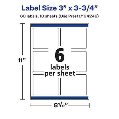Avery Printable Durable White Rectangle Labels, Sure Feed Technology, 3" x 3.75", Print-to-the-Edge, Waterproof Labels, Laser & Pigment-Based Inkjet Compatible, 60 Total - style: 60 labels