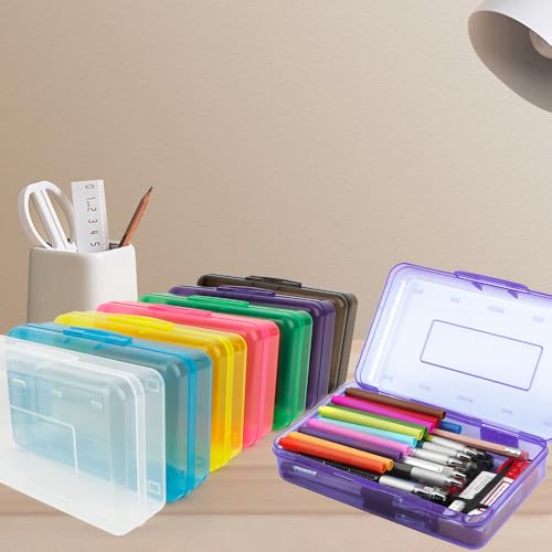 Pencil Box, Clear Pencil Case, Large Capacity Plastic Hard Pencils Case Crayon Box with Snap-Tight Lid Stackable for Kids Adult Student Pens Pencils School Supplies Storage Office Supplies, Purple - color: Purple