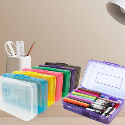 Pencil Box, Clear Pencil Case, Large Capacity Plastic Hard Pencils Case Crayon Box with Snap-Tight Lid Stackable for Kids Adult Student Pens Pencils School Supplies Storage Office Supplies, Purple - color: Purple