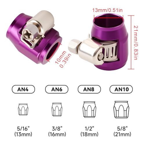 Aluminum Hose End Finisher Clamp, Universal Fit, Red Chrome Finish, 4pcs Set for Stainless Steel and Rubber Hoses, Model (Purple, 4AN) - color: Purple, size: 4AN