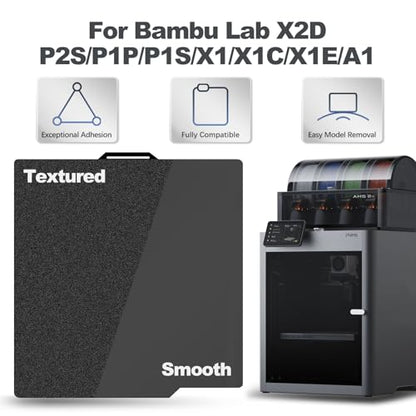 Double Sided Black PEI Build Plate for Bambu Lab X2D/P2S/X1/X1C/X1E/P1P/P1S/A1, Smooth PEI+Textured PEI Spring Steel Sheet Plate Flexible Platform 257x257mm for Bambu Labs 3D Printers - color: Smooth PEI+Textured PEI(Black)