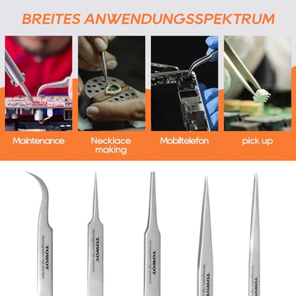 TOWOT Precision Tweezers, 5 PCS Stainless Steel, Non-Magnetic, Heat Resistant, Curved, Jewelry, Electronics, Craft, Soldering, Experimental Work - size: 140mm,135mm,120mm,110mm,116mm