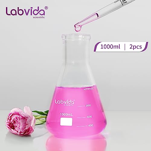 2pcs 1000ml Narrow Mouth Glass Erlenmeyer Flasks, LVC005 - style: Vol. 1000ml, Pack of 2